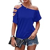 LilyCoco Women's Off The Shoulder Top Short Sleeve Cutout Asymmetrical Neck T Shirt
