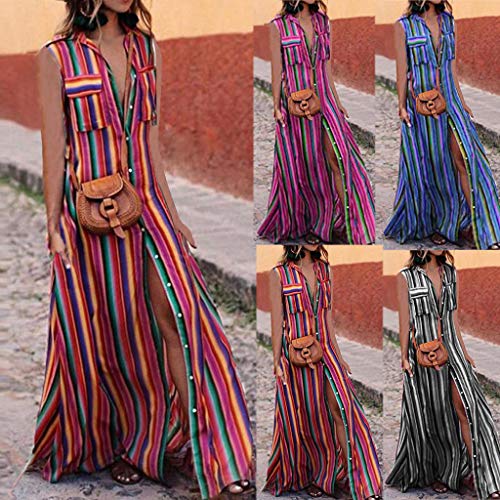 2019 New Womens Bohemia Casual Striple Dress Casual Button Sleeveless Dresses Summer Loose Party Long Maxi Dress (Hot Pink, XL)