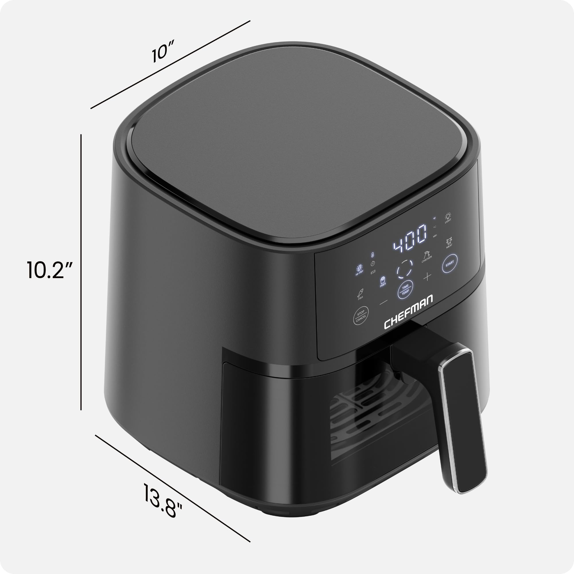 Freidora de aire Chefman – Freidora de aire compacta de 4 cuartos para comidas rápidas y fáciles, cuenta con tecnología Hi-Fry para una ventana extra crujiente y fácil de ver, controles táctiles con 4 preajustes, cesta antiadherente y apta para lavavajillas, color negro