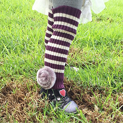 Wrapables Children's Striped Leg Warmers with Pom Pom, Purple