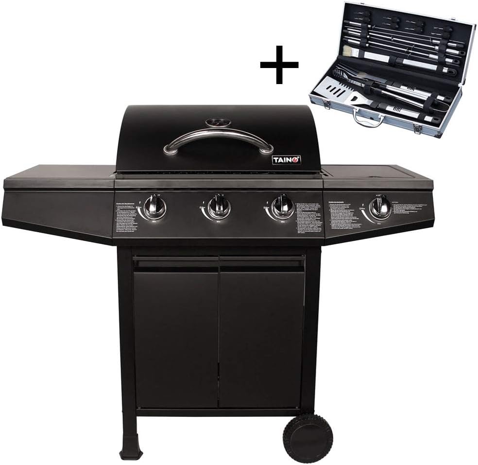 Taino® Gas Barbecue Cart Set of with Accessories 3 Stainless Steel Burners, 1 Side Burner, TÜV Black (3 +1)