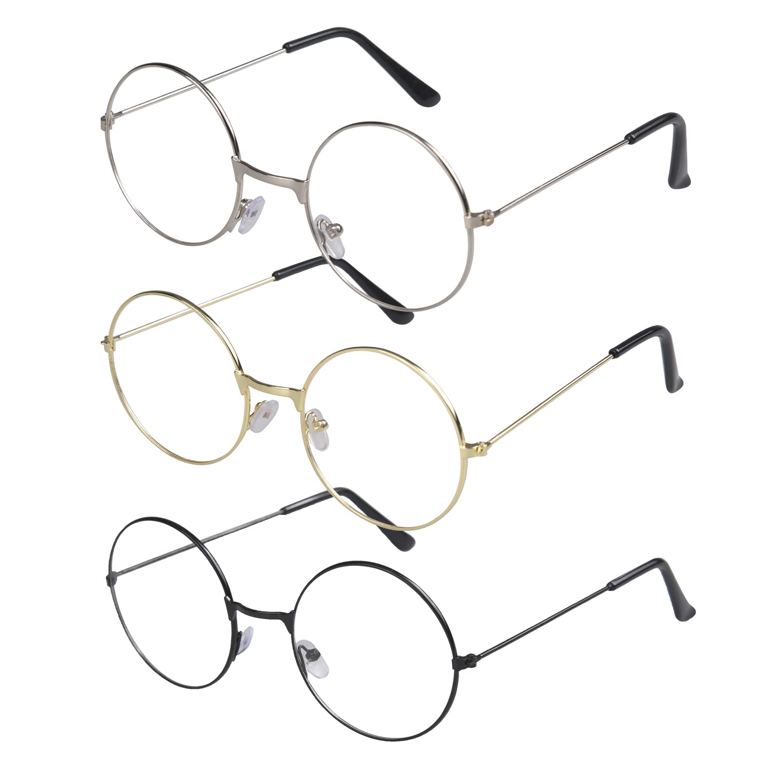 AOVNA 3 Pieces Adults Fancy Dress Round Glasses Metal Framed Classic Wizard Round Fake Glasses with Lenses Unisex Retro Glasses, Gold Silver Black
