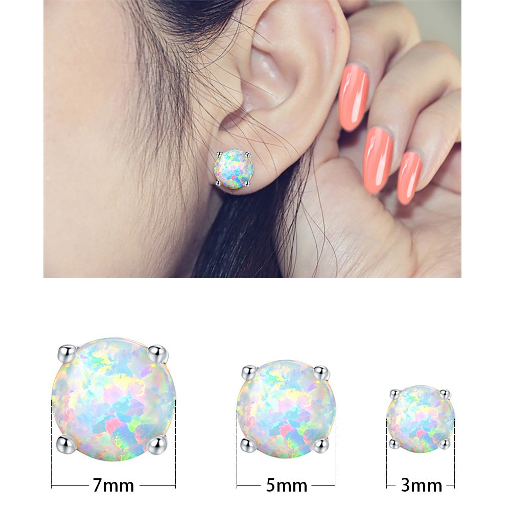 VOLUKA 18K White Gold Plated Opal Stud Earrings for Womens Sensitive Ears 3 Pairs 3/5/7mm
