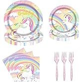 Tcoyodw Rainbow Unicorn Happy Birthday Party Tableware Set 96 Pcs Disposable Plates Napkins Forks Unicorn Theme Magical Supplies for Girls Kids Birthday Decorations Serve 24 Guests