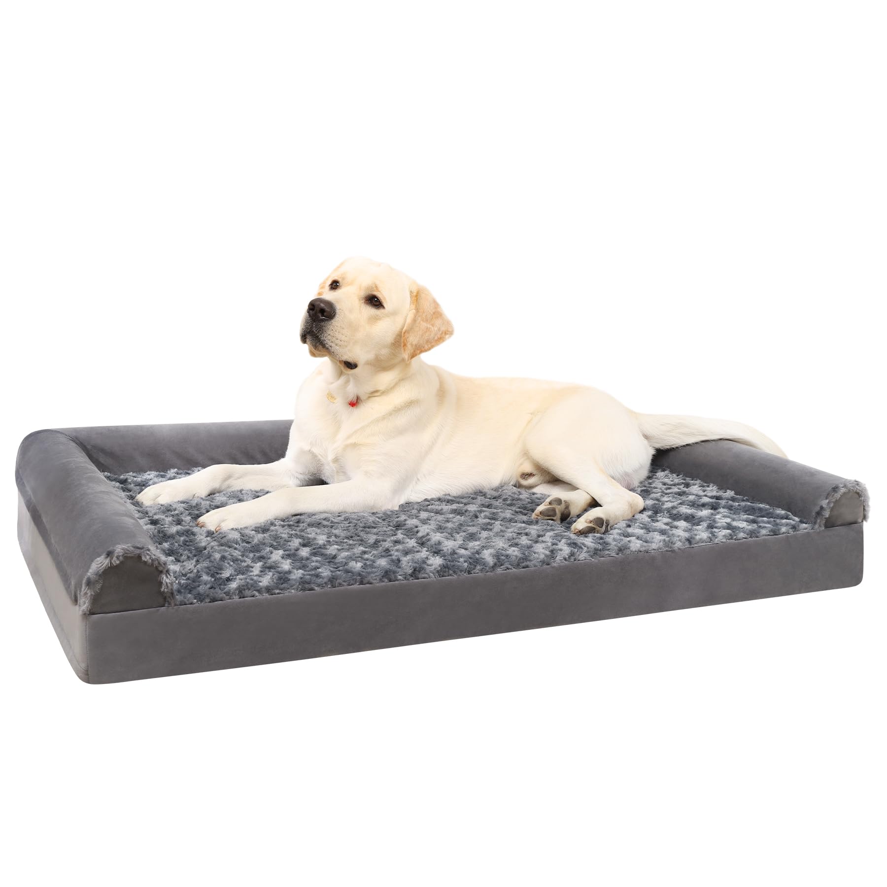 KSIIA Medium Dog Sofa Bed, Orthopedic Pet Bed with Removable Washable Cover, Waterproof, U-Shape Bolster, Grey 75x47x16cm