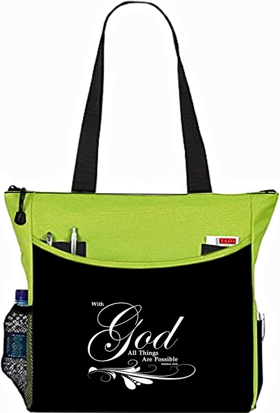 Matthew 19:26 With God All Things Are Possible Tote Bag Christian Bible Cover Verse Church Office School Travel Gym Book Organizer - Lime Black