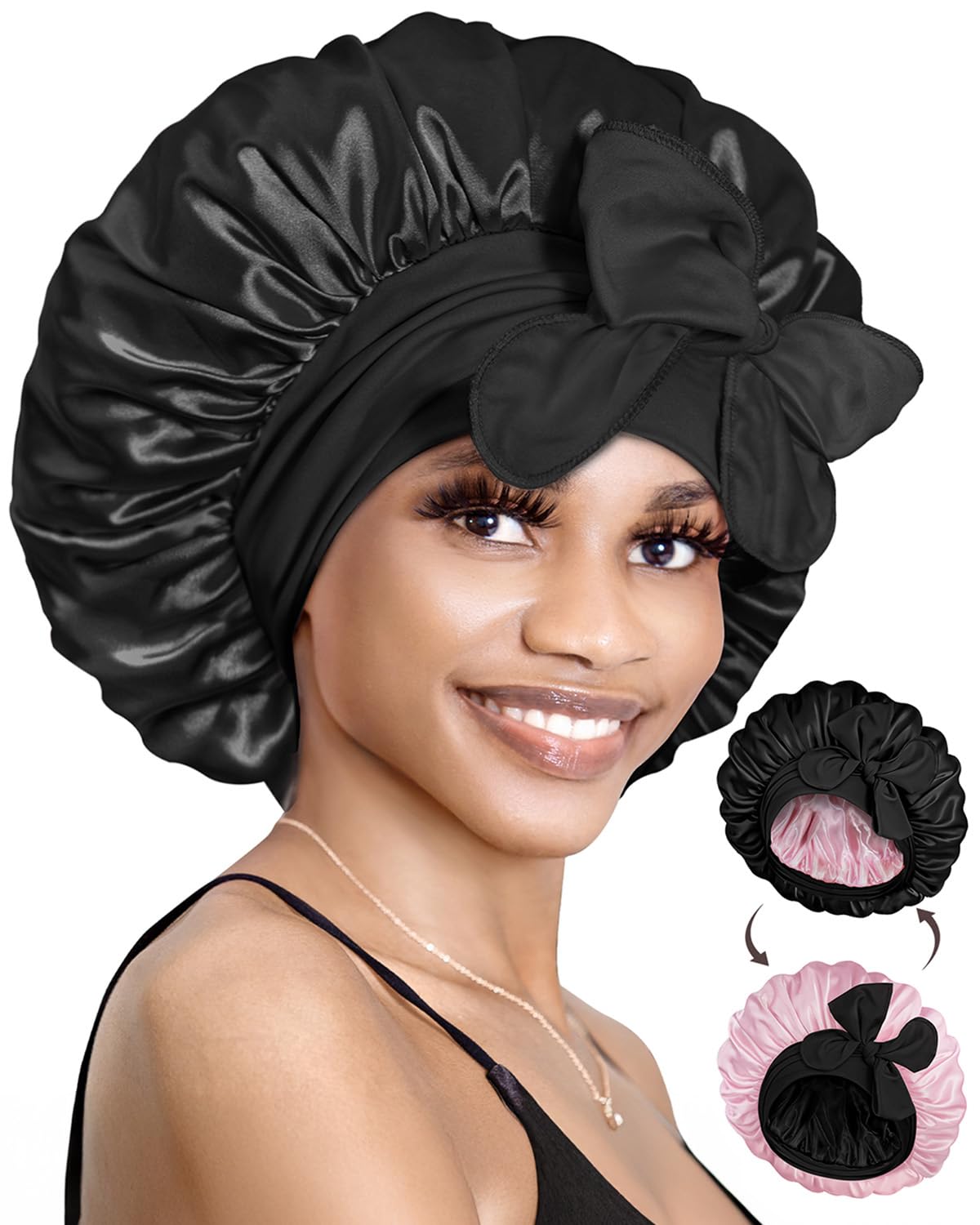BONNET QUEEN Silk Bonnet Reversible for Sleeping for Curly Hair, Double Layer Sided Satin Bonnet for Women & Men, Adjustable Silk Scarf Night Cap with Tie Band, Black & Pink — image 1