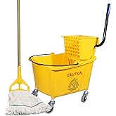 Wajeehaa Commercial Mop Bucket with Side-Press Wringer for Floor Cleaning, 35 Quarts, Yellow, Including One Commercial Mop