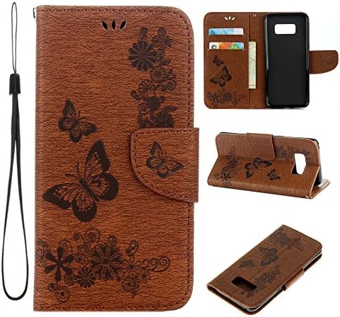 Galaxy S8 Plus Case,Samsung S8+ Wallet Case Flip PU Leather [Kickstand] Embossed Fashion Butterfly Card Holders Folio Magnetic Protective Cover With Wrist Strap For Galaxy S8 Plus(Brown-Butterfly)