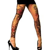 Wild Rose Ladies Flamenco Tattoo Mesh Leggings Red Rose Blackwork, Tan