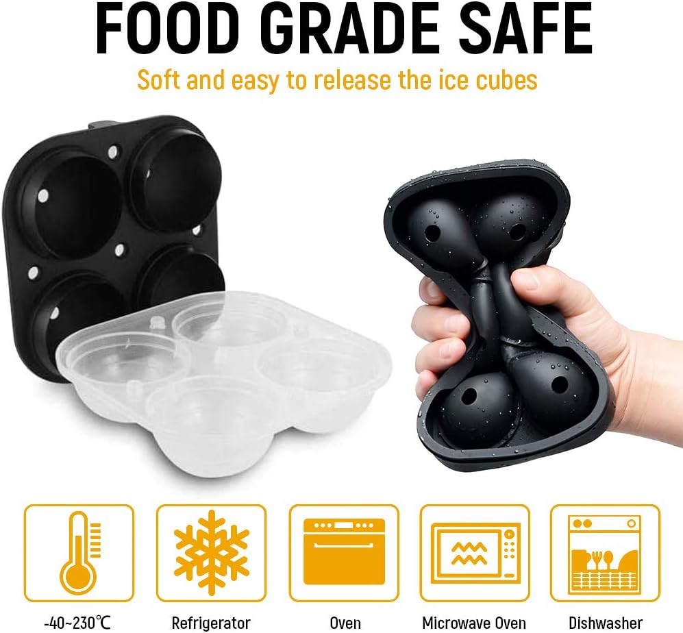 Cusbus Large Ice Cube Trays for Whiskey, 2.5" Flexible 4 Ice Balls Maker with Lids & 4 Bonus Funnels, BPA Free Round Silicone Ice Cube Molds, Reusable Sphere Ice Tray for Cocktail, Bourbon, Scotch: Kitchen & Dining