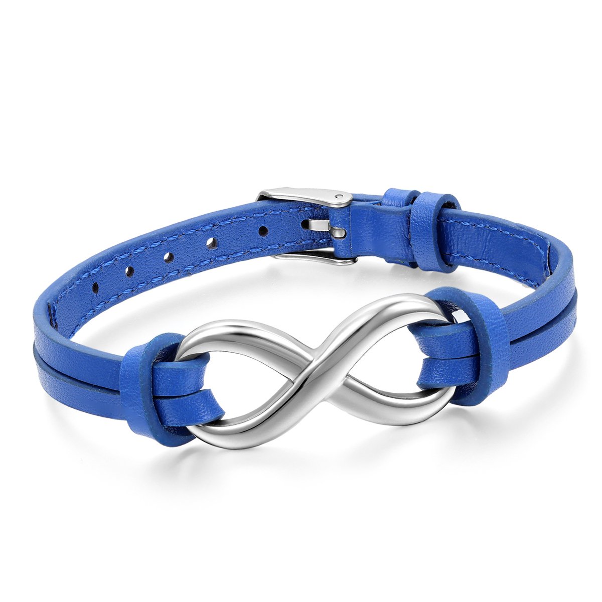 Cupimatch Love Infinity Couples Stainless Steel Blue Leather Bracelet Cuff for Men Women, Adjustable