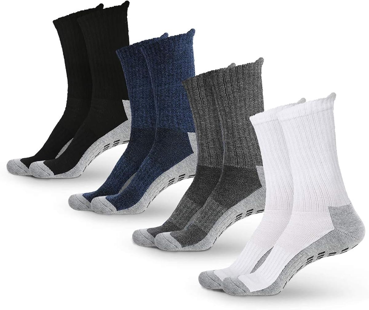 Non Skid Crew Socks - (4 Pairs) - Anti Slip Socks for Barre Yoga Pilates Maternity Pregnancy Hospital Adults Men Women: Clothing
