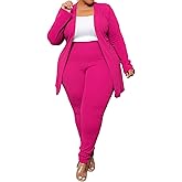 IyMoo Women's Plus Size Two Piece Open Front Long Sleeve Blazer and Elastic Waist Solid Pant Set Suit