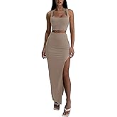 ELLEVEN Two Piece Maxi Skirt Sets for Women, Square Neck Tank Tops with High Side Slit Dress Sets Summer Outfits