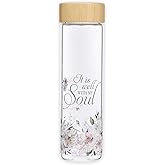 Christian Art Gifts Reusable Glass Water Bottle with Bamboo Twist Cap Lid and Insulating Sleeve 17 oz. Water Bottle for Travel and Cold Beverage with Spiritual Hymn - It is Well With My Soul