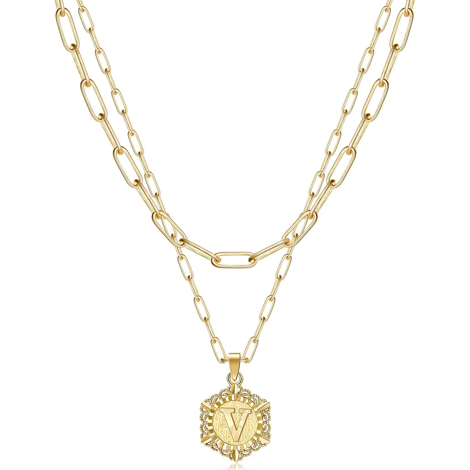 KissYan Initial Necklaces for Women, 14K Gold Plated Hexagon Letter Pendant Silver Chain Dainty Layered White Gold Paperclip Link Adjustable Capital A-Z Choker Necklace Trendy Jewelry Gifts