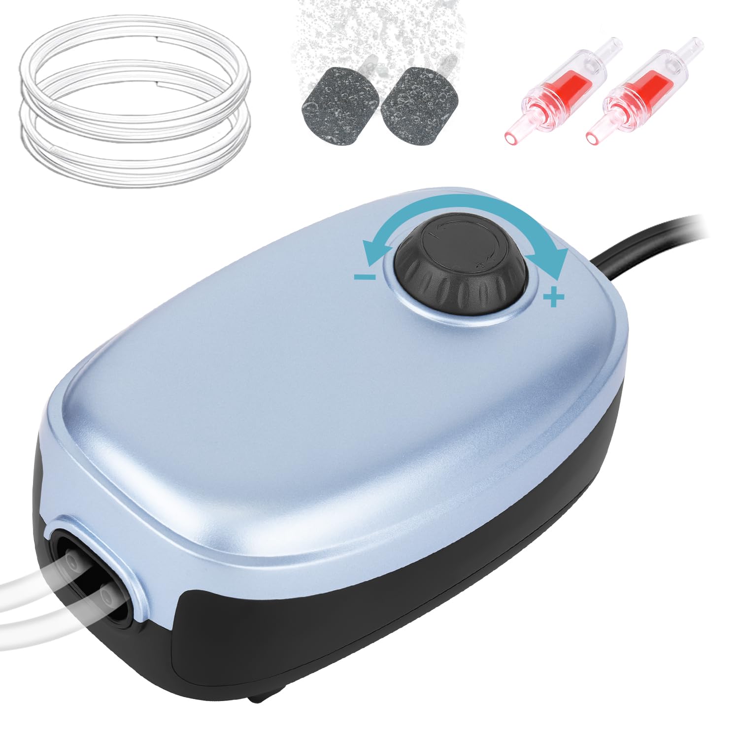 Eyein Adjustable Air Pump Aquarium, Ultra Silent 4W Air Pump for Fish Tank Up to 400L with Dual Outlets, Hangable Whisper Fish Tank Oxygen Bubbler with Accessories Air Stone, Check Valve, Tubing