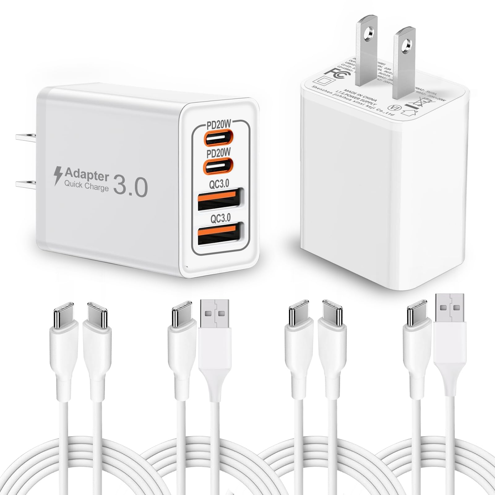 Photo 1 of 2-Pack 40W Fast Charger,2 Pack USB-C and 2 Pack Type C-C Fast Charging Cable,4-Port PD Power Adapter for iPhone 17/Pro/Pro Max/17 Air/ 16 Series/15 Series,iPad,AirPods,Watch,Samsung and More