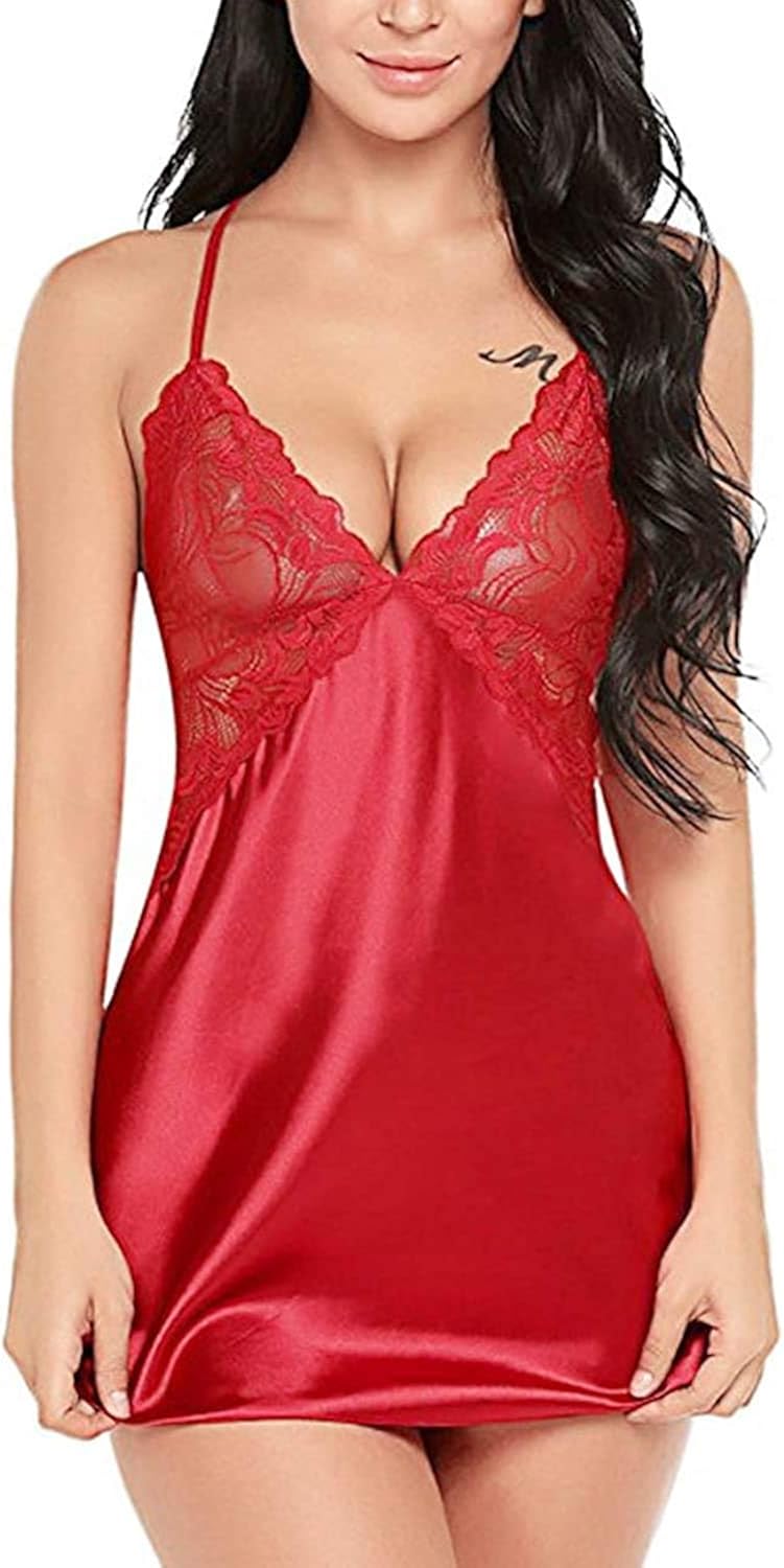 Zirami Satin Lingerie for Women Sexy Nightwear V Neck Lace Sleepwear: Clothing