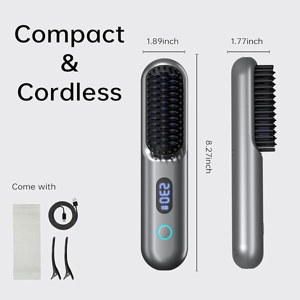 CORDLESS HAIR STRAIGHTENER BRUSH – PORTABLE STRAIGHTENER BRUSH WITH 9 TEMP SETTINGS, MINI STRAIGHTENING COMB FOR TRAVEL, 9600MAH RECHARGEABLE BATT & 224 MILLION NEGATIVE IONS (GREY)