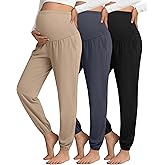 Sweetyweee 3 Pack Women's Maternity Pants Maternity Jogger Sweatpants Over The Belly Stretchy Pregnancy Pants with Pockets(Khaki,Haze Blue,Black,Small)