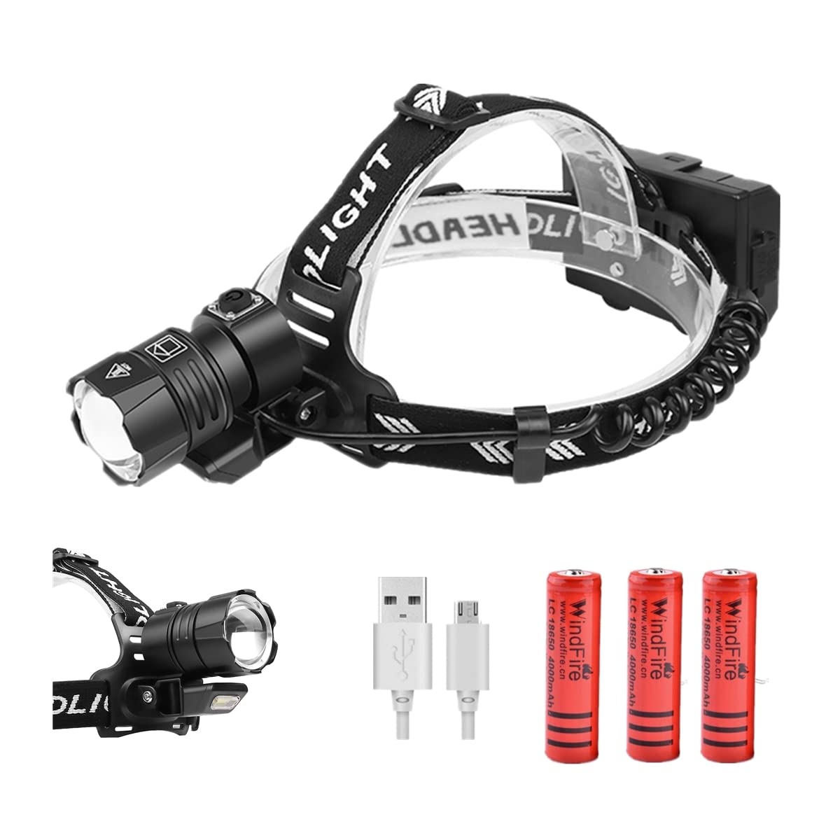 LED Head Torch 10000 Lumen Headlamp with 4 Modes, Adjustable Focus USB Rechargeable Waterproof Professional Headlight Helmet Light for Camping, Hiking, Fishing