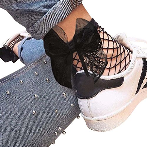 Napoo Clearance Women Mesh Ruffle Bowknot Fishnet Socks Ankle High Lace Short Socks (Black A)