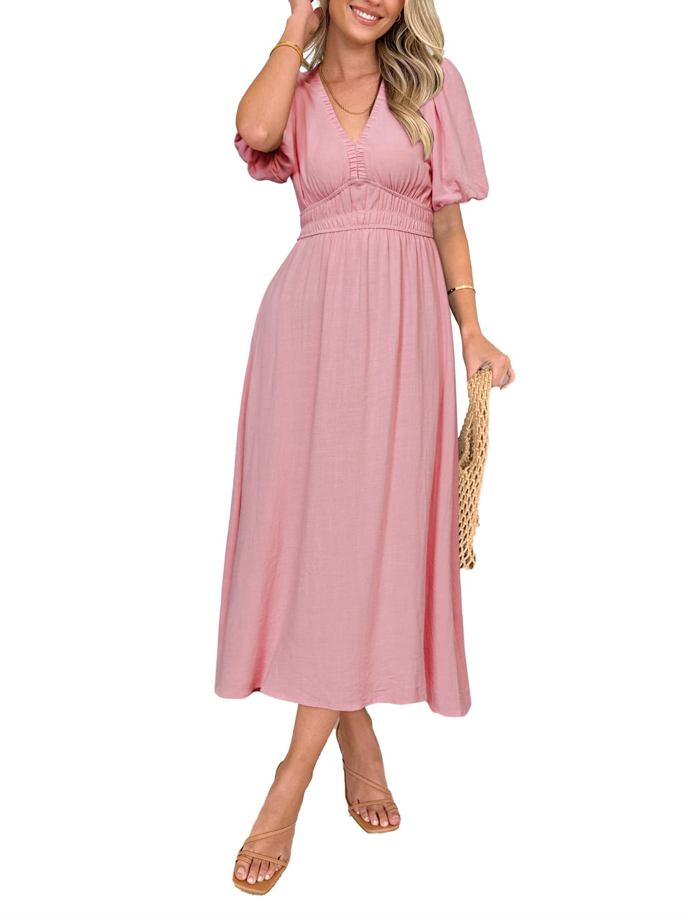 Simplee Women's Summer Boho Maxi Dress Casual V Neck Puff Sleeve ...