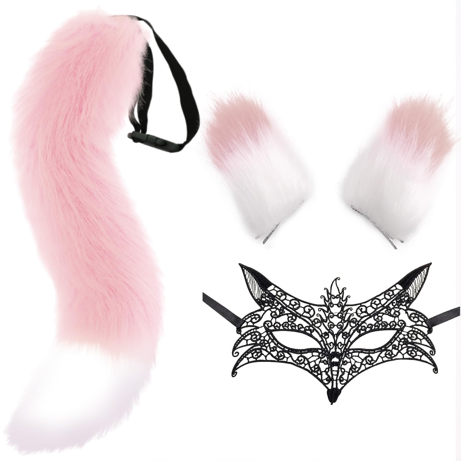 DRESHOW Faux Fur Wolf Tail Cat Ears Hair Clip Lace Masquerade Mask Set Wolf Fox Cosplay Costume Animal Dress Up Fancy Dress Accessories Halloween Role Play Party Costume