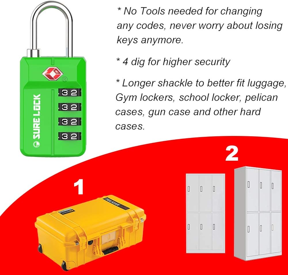  | TSA Approved Travel Luggage Locks, Open Alert Combination Lock for School Office & Gym Locker, Toolbox, Pelican Case, Green 1 Pack | Luggage Locks