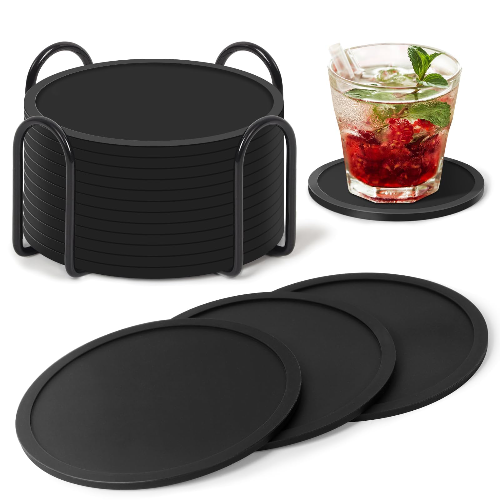 Gotanc Coasters Glasses Set of 12, Silicone Glass Coasters Non-Slip and Insulated Glass Coaster Set, Round Glass Coasters Black with Holder, for All Types of Cups