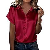 Zeagoo Silk Blouse for Women Short Sleeve Satin Button Down Shirts Casual Loose V-Neck Business Work Tunic Top