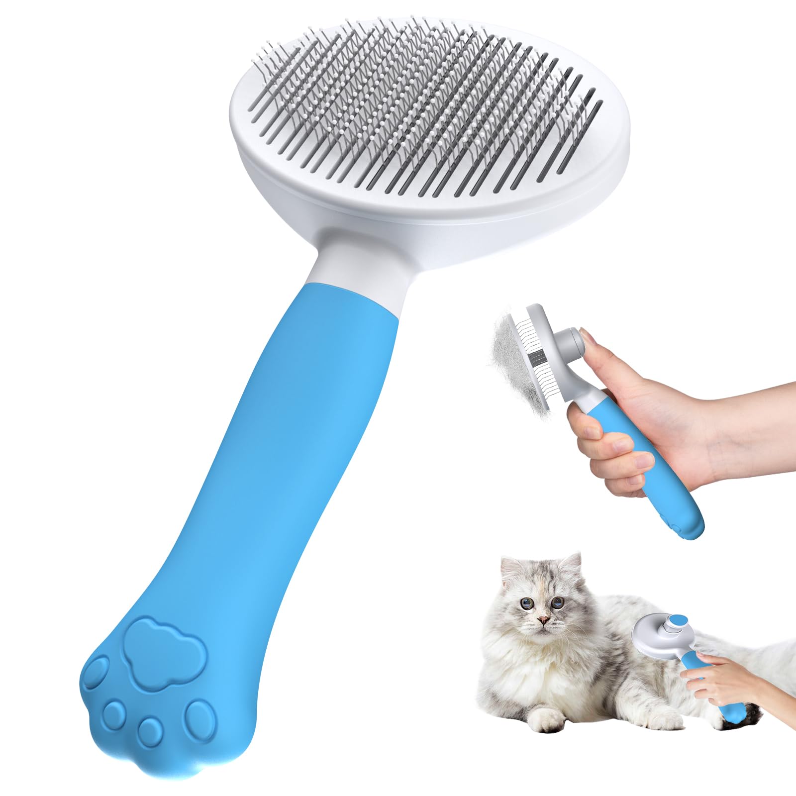 Zivacate Cat Brush Dog Brush [Ergonomic Grip & One-click Cleaning] Shedding Tool for Short & Long Haired Dogs/Cats/Rabbits, Deshedding (Lake Blue)