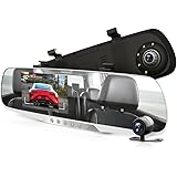 Dash Cam Rearview Mirror Monitor - 4.3” DVR Rear View Dual Camera Video Recording System in Full HD 1080p w/Built in G-Sensor Motion Detect Parking Control Loop Record Support - Pyle PLCMDVR46