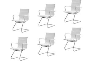 CIMOTA Waiting Room Chairs Leather Office Guest Chair Mid Back Reception Chairs with Sled Base for Meeting/Patient/Conference Room, White Set of 6