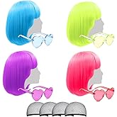 Short Bob Colored Wigs with Bangs,4 Pack Colorful Wigs Fruit Beach Set Cosplay Wig with Heart Sunglasses, Hairpieces for Neon Halloween Costume Wig Bachelorette Party Decorations (Mixed Colors Bob)