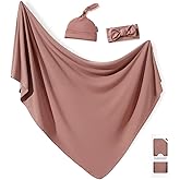 GRSSDER Newborn Swaddle Blanket, Ultra Soft Jersey Receiving Blanket with Matching Headband and Beanie Set 33×44", Stretchy Baby Neutral Swaddle Wrap for Girls and Boys
