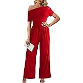 LOOKBOHO Women's Jumpsuits Dressy Casual Off Shoulder Jumpsuit Boat Neck Wide Leg Long Pant Romper One Piece Outfits