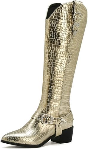 Amazon Gureitojp 婦人靴 ロングブーツ 太ヒール クロコダイル柄 ポインテッドトゥ 美脚 ジッパー オシャレ 可愛い 大きいサイズ コンフォート 冬物 滑り止め 疲れない 歩きやすい ホワイト ブラック ゴールド 21 0 26 5cm ブーツ ブーティ