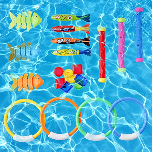Ranphykx 22 Pack Underwater Swimming/Diving Pool Toys Diving Rings(4 Pcs), Toypedo Bandits(4 Pcs), Diving Sticks(3 Pcs), Fish Toys (3 Pcs) with Under Water Treasures (8 Pcs) Gift Set Bundle