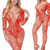 QueensHot Red Lace Sleeved Sheer Lingerie Babydoll Crotchless Teddy Nightie Leotard Body Suit Stocking