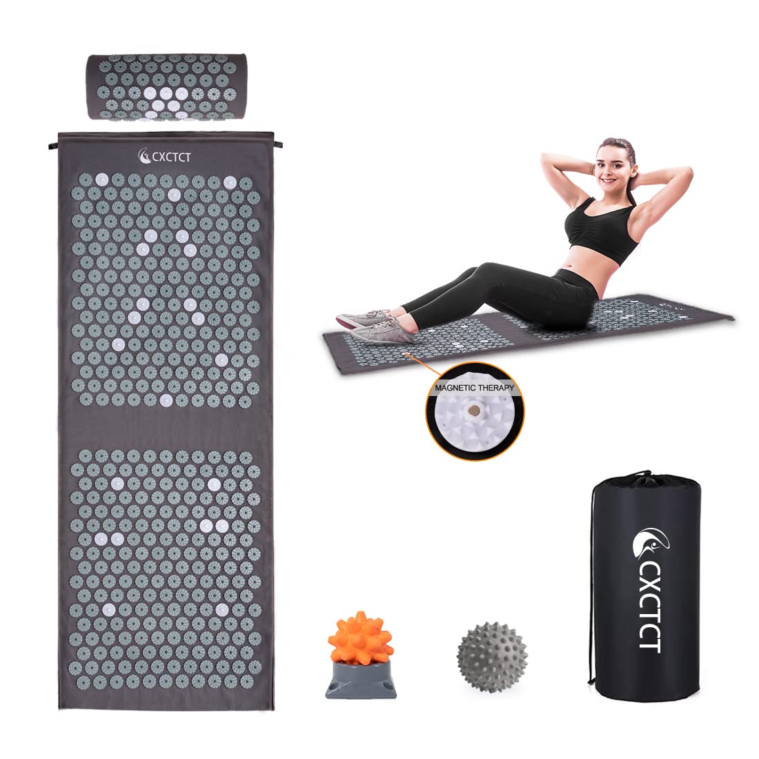 Photo 1 of Extra Long Yoga Acupressure Mat Set,Massage Acupuncture Mat Large,Magnetic Mat Acupressure Body mat and Pillow for Neck Back Pain Relief(Grey)