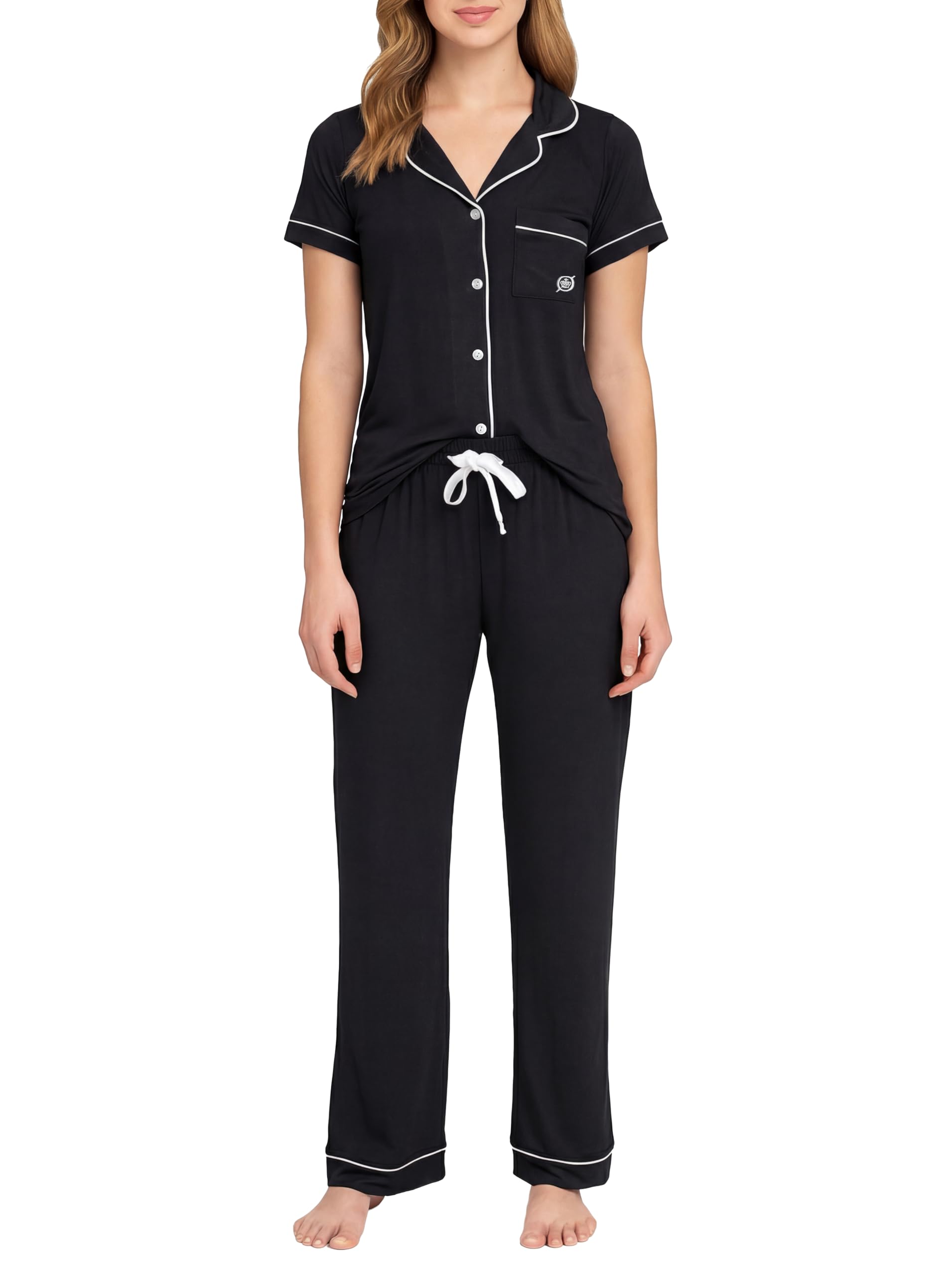 BORN Soft Button Up Pajamas for Women, Knit Button Down Pajama Set with Pants, PJ Sets (Black, Medium)