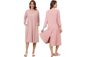 Liokoc Flannel Hospital Gowns for Women Zipper Open Back Post Shoulder Surgery Dress Thermal 3/4 Sleeve Adaptive Clothing