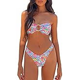 Alyweatry Women Floral Bandeau Bikini Set O Ring Strapless Tie Back Bikini Top High Cut Cheeky Thong Bathing Suit