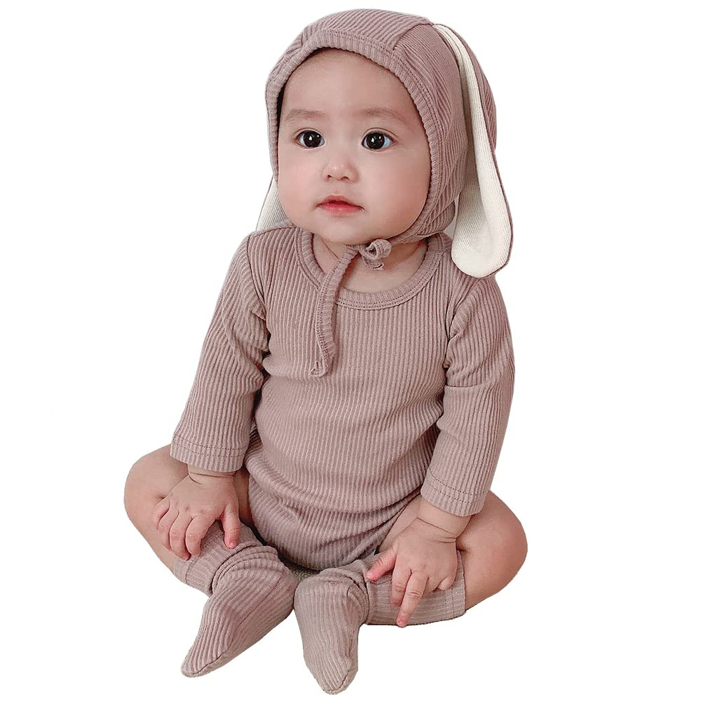 PUPYGIYUC Baby Bunny Outfit Baby Boys Girls Easter Outfits Bodysuit Romper with 3D Bunny Ear Hat 6-12 Months Khaki