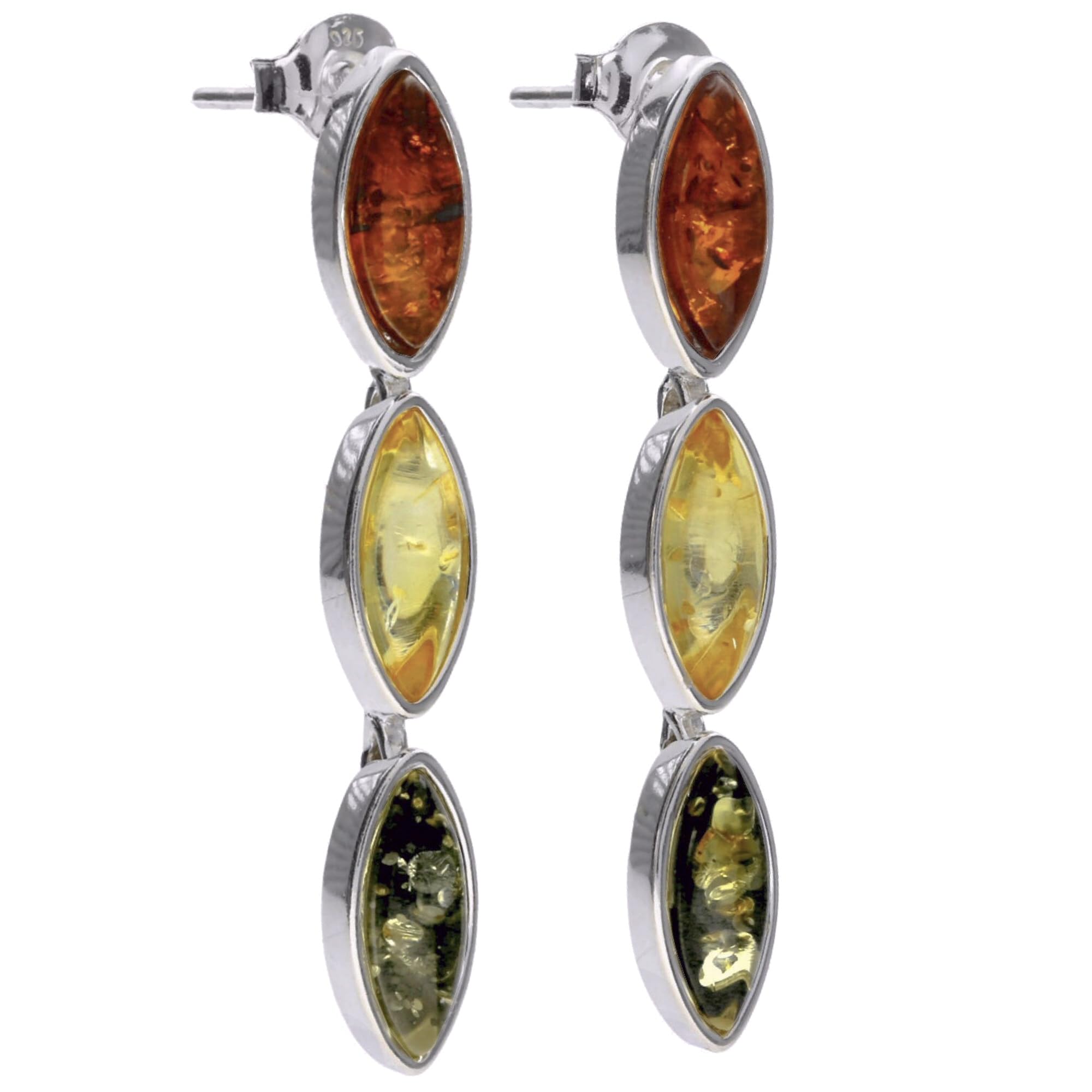 Mixed Amber Sterling Silver Earrings - Unusual Long Orange Yellow & Green Amber Fancy Dangly Drop