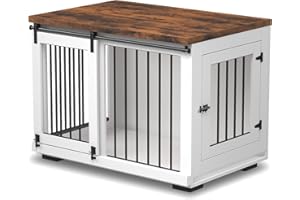 Zakkart Dog Crate Furniture for Large Dogs Up to 60 lbs. - Barn Door Puppy Kennel w/Thickened Farmhouse Top & Metal Bars - 37'' Wide - White Decorative Modern Dog Crate Table, End Table, Nightstand