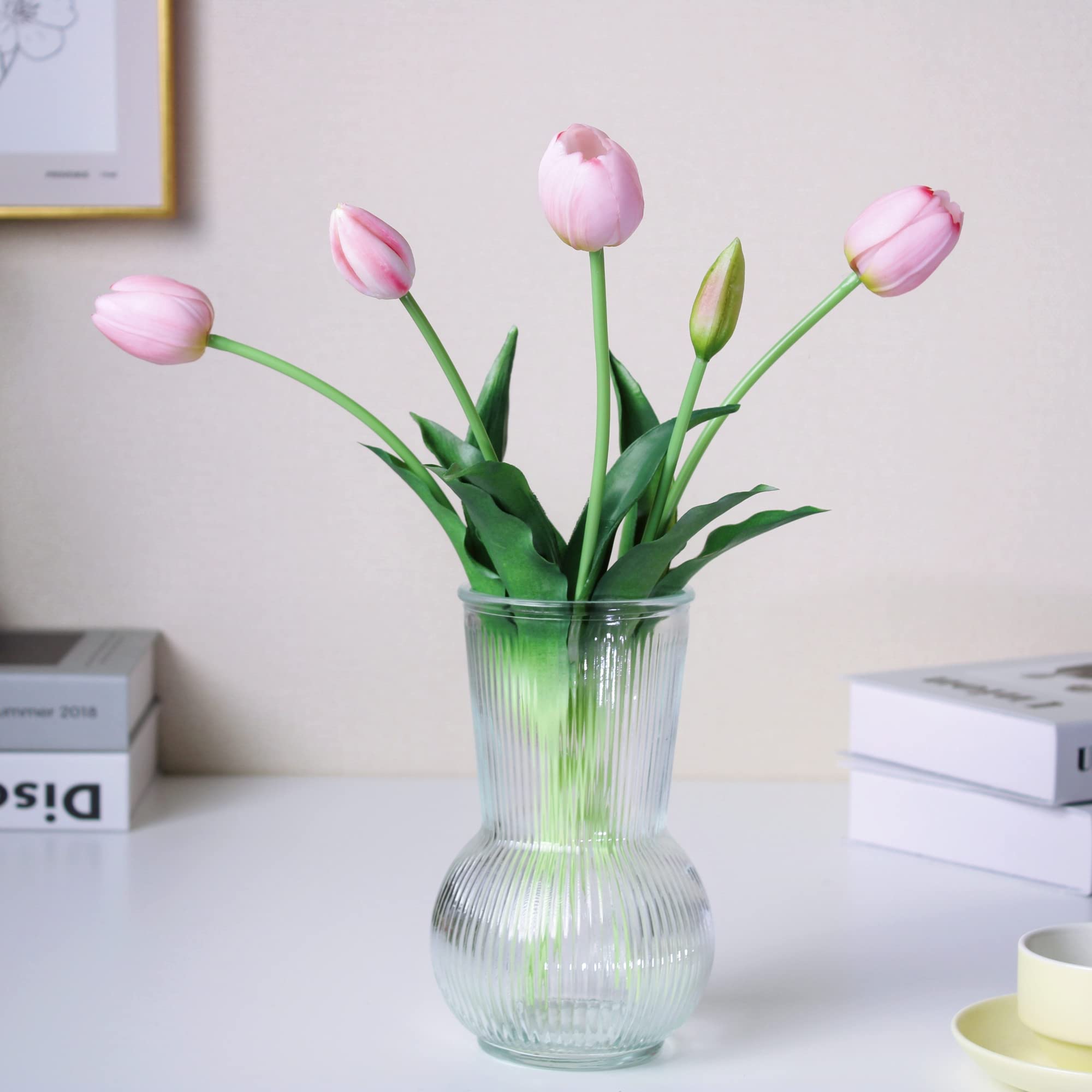WAKISAKI 16-inch Premium Real Touch Fake Tulips, Artificial Flowers with Buds, Flexible Stem Easy to Shape, Faux Tulips (Vase not Included), 5-Pack Set of Piggy Pink